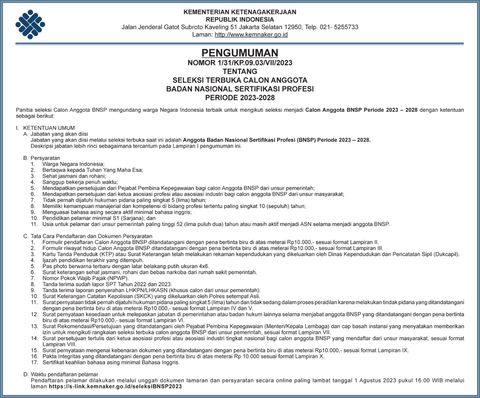 Seleksi Terbuka Calon Anggota Badan Nasional Sertifikasi Profesi Periode 2023-2028