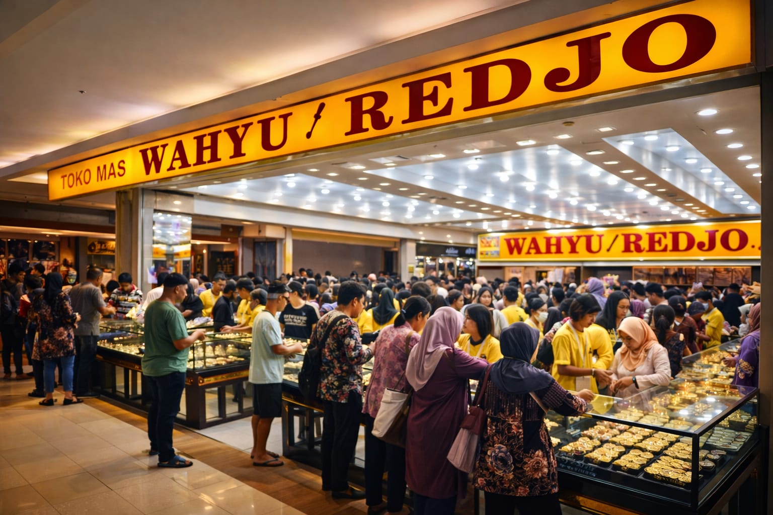 Suasana pembeli memilih perhiasan emas di toko emas Mojokerto di tengah kenaikan harga logam mulia. (Foto: Belia Kiki).