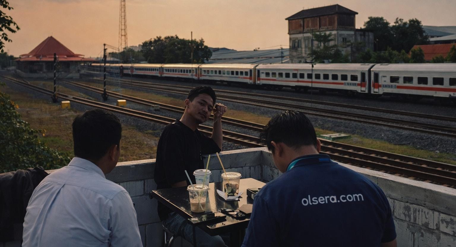 Pengunjung menikmati suasana santai di rooftop Kopi Teman Lama sambil menyaksikan kereta api melintas saat senja. (Foto: Dian Wahyu)